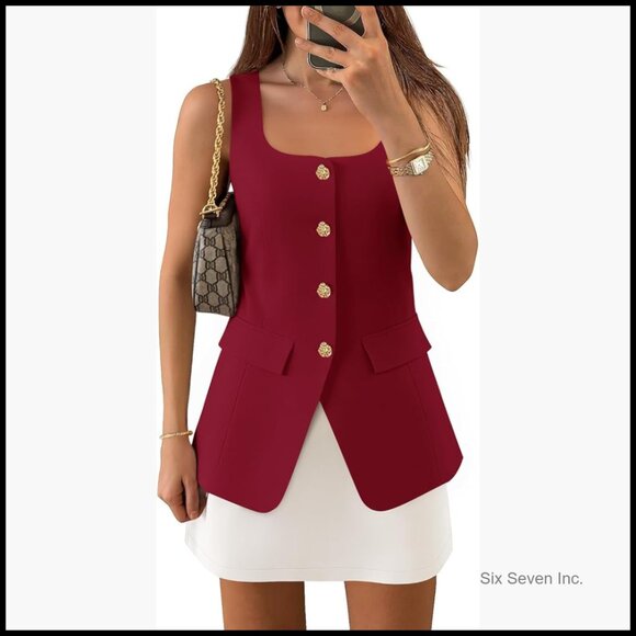 Polyester Blazer Vest Square Neck Sleeveless Waistcoat Business Casual